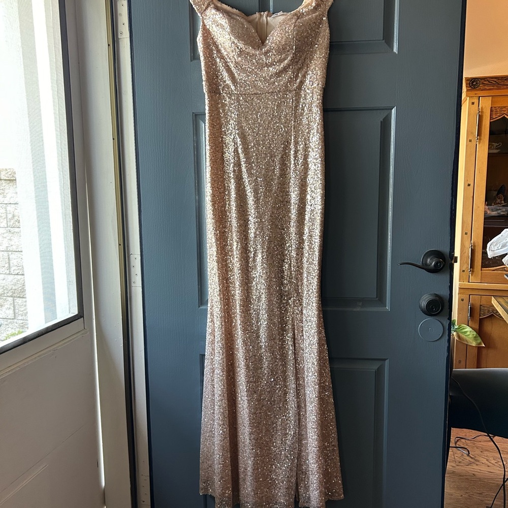 Gold sequined long evening dress